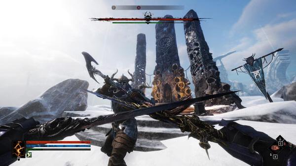 Screenshot from Tainted Grail: The Fall of Avalon showing a warrior in battle stance, wielding dual weapons against a snowy, monolithic backdrop.