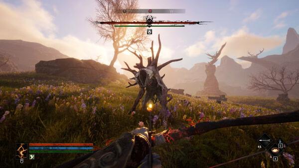 Screenshot from Tainted Grail: The Fall of Avalon shows a player aiming a bow at a horned creature in a vibrant, sunlit meadow.
