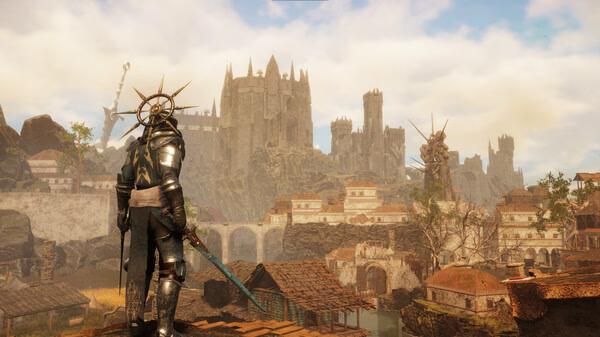 Screenshot from Tainted Grail: The Fall of Avalon shows a knight overlooking a medieval town with a castle in the distance.