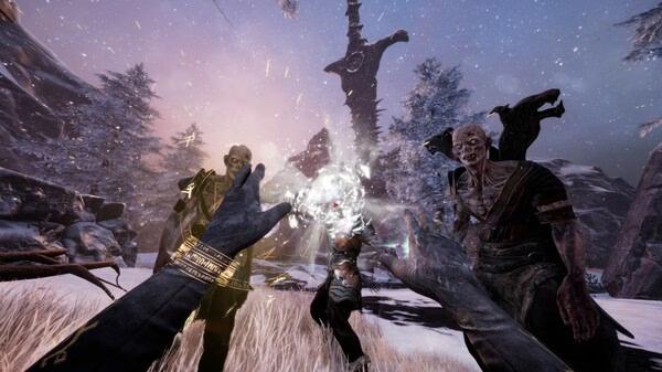 Screenshot from Tainted Grail: The Fall of Avalon showing a player using magic against undead enemies in a snowy landscape.