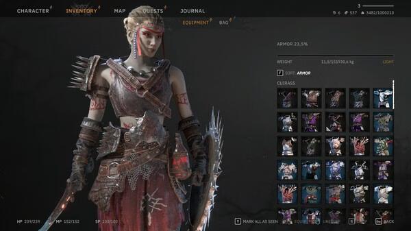 Screenshot from 'Tainted Grail: The Fall of Avalon' showing character inventory screen with armor and equipment options.