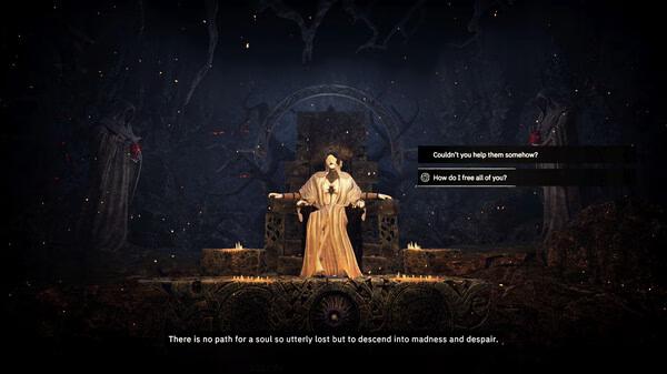 Tainted Grail: The Fall of Avalon screenshot showing a mysterious figure in robes seated on a dark throne surrounded by eerie statues.