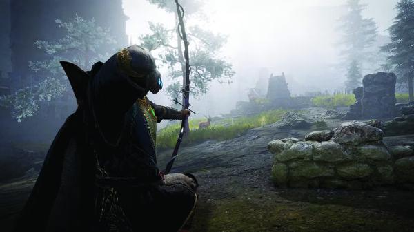 Screenshot from Tainted Grail: The Fall of Avalon showing an armored figure with a bow in a misty, stone-filled landscape.