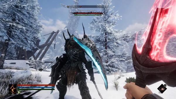 Screenshot from "Tainted Grail: The Fall of Avalon" showing a player wielding a glowing sword facing a horned creature in a snowy landscape.