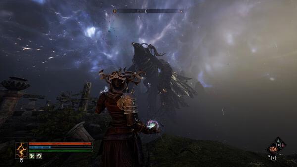 Screenshot from Tainted Grail: The Fall of Avalon showing a character facing an ominous flying creature under a stormy sky.
