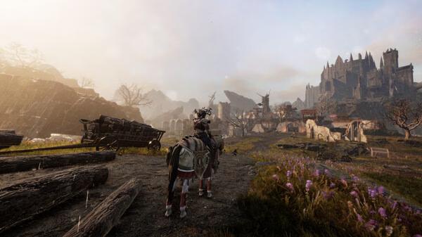 Screenshot from Tainted Grail: The Fall of Avalon showing a character on horseback near ruins and a large castle in the distance.