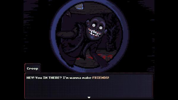 Screenshot from the game Look Outside showing a creepy character named Creep peering through a circular window with a sinister smile.