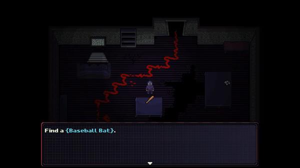 Screenshot from 'Look Outside' game showing a character in a dim room with a baseball bat and red trail on the floor.
