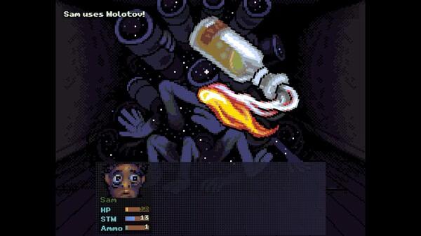 Screenshot from the game Look Outside showing a Molotov being thrown at a shadowy creature with tentacles and glowing eyes.