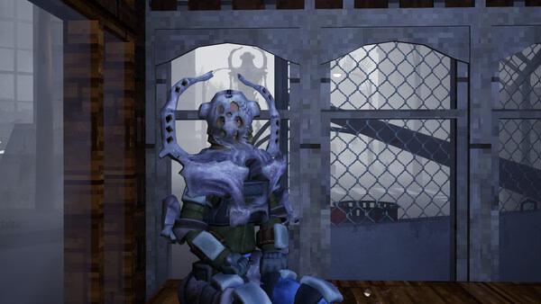 Screenshot from Abiotic Factor showing a humanoid figure in sci-fi armor sitting inside a structure with a misty background.
