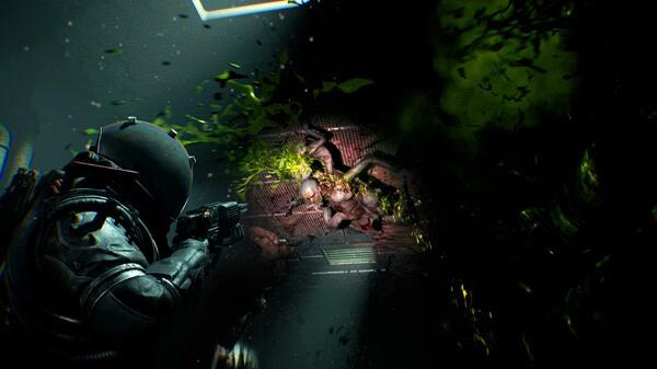 Screenshot of 'Cronos: The New Dawn' showing a player in a spacesuit aiming at a green, alien creature in a dark, confined space.