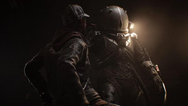Screenshot from "Cronos: The New Dawn" showing a character in a cap facing a futuristic armored figure in a dimly lit setting.