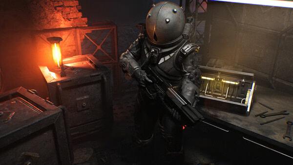 Screenshot from Cronos: The New Dawn showing an armored character holding a rifle, standing near illuminated crates in a dimly lit room.
