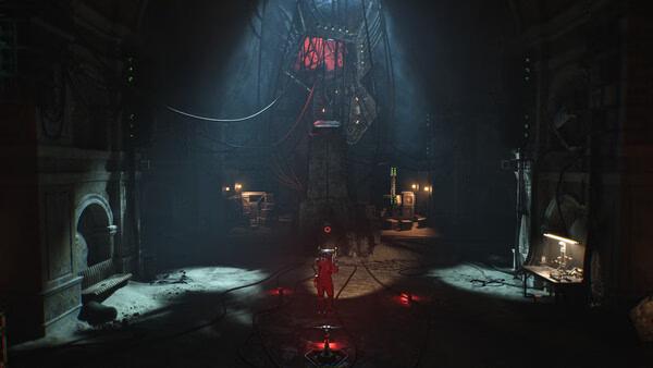 Screenshot from Cronos: The New Dawn shows a player in a dimly lit industrial room with cables and glowing red lights.
