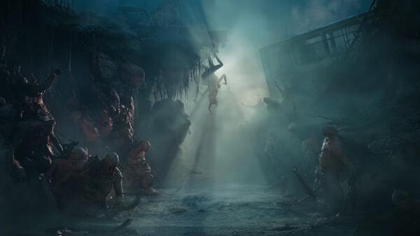 Screenshot from Cronos: The New Dawn showing a figure suspended mid-air in a gloomy, foggy landscape surrounded by eerie creatures.