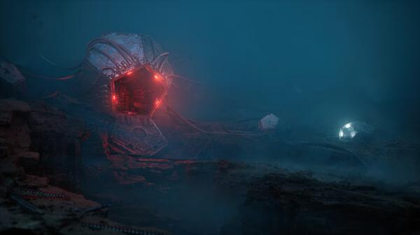 A 'Cronos: The New Dawn' screenshot featuring a glowing, red-lit robotic structure amidst a foggy, rocky landscape.