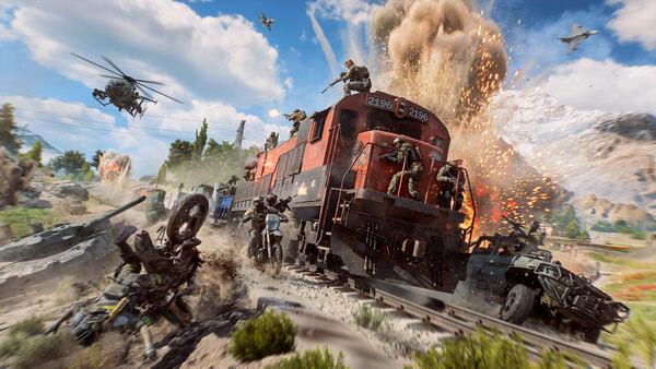 Battlefield 6 screenshot: Intense action scene with soldiers on a moving train amidst explosions and helicopters flying overhead.