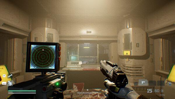 Screenshot from Species: Unknown showing a futuristic control room with radar and weapon interface.