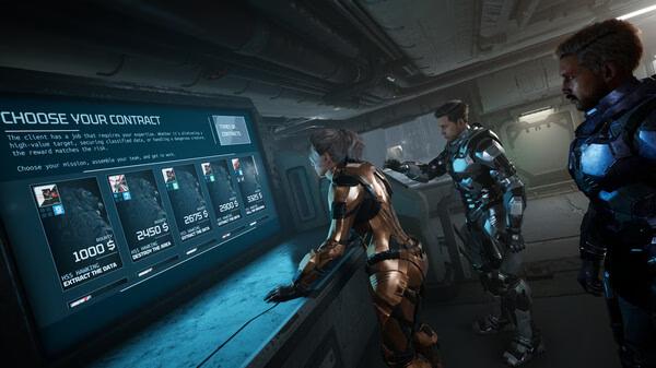 Screenshot from Species: Unknown game shows armored characters interacting with a futuristic contract selection screen.