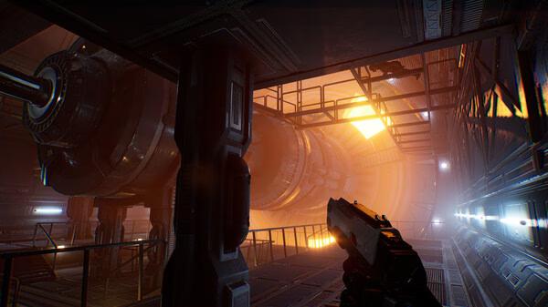 A screenshot from Species: Unknown showing a futuristic corridor with glowing machinery and a character holding a pistol.