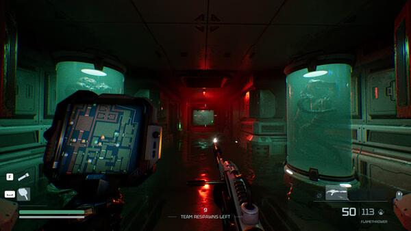 Screenshot from Species: Unknown shows a player in a dim corridor with a map device and tanks containing alien creatures.