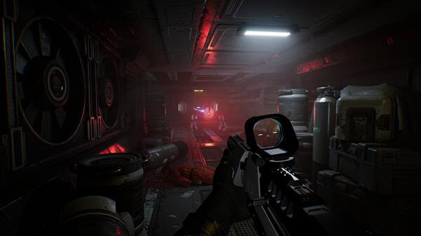 Screenshot from Species: Unknown shows a player aiming a weapon down a dimly lit futuristic corridor with red lights.