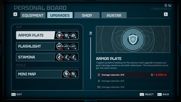 Screenshot from Species: Unknown showing the personal board with armor upgrades, including Armor Plate, Flashlight, and Stamina options.