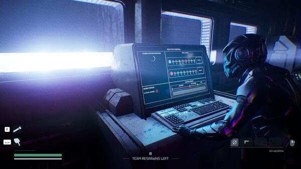 A player in armor interacts with a reactor control panel in this 'Species: Unknown' game screenshot, showing a dimly lit control room.