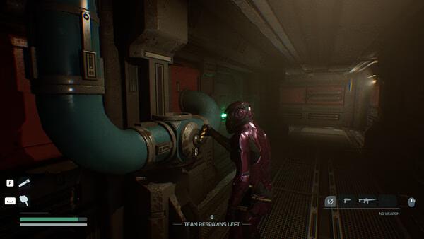A player in a purple space suit interacts with a control panel in a dimly lit corridor in this Species: Unknown screenshot.