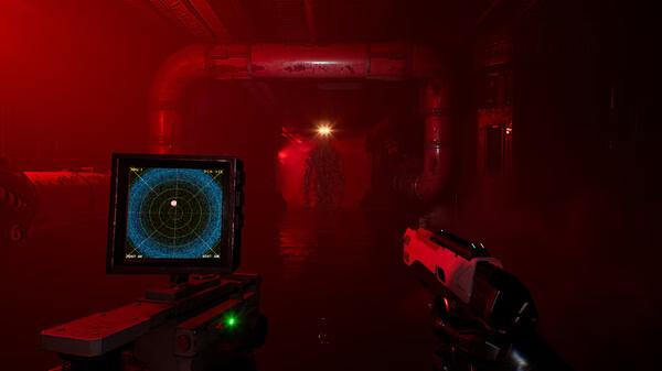 A screenshot from Species: Unknown showing a radar device, a handgun, and a mysterious glowing figure in a dark, red-lit corridor.