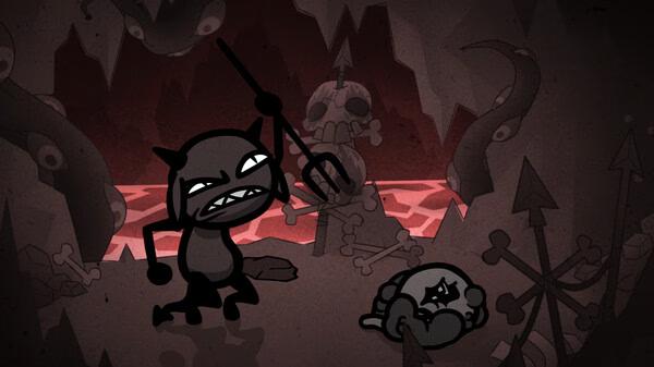 Mewgenics screenshot: A cartoon cat with a pitchfork confronts a cowering cat in a dark, eerie cave with bones and lava.
