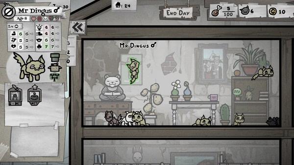 Screenshot of Mewgenics showing Mr. Dingus, a cat character, stats on the left, and cats in a multi-level home environment.