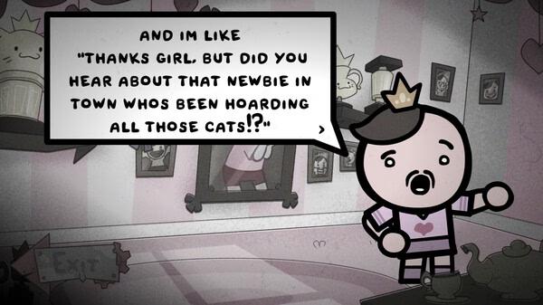 Screenshot from 'Mewgenics': A character with a crown speaks about a newbie hoarding cats, in a room with framed pictures.