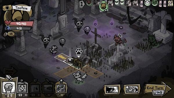 Screenshot from Mewgenics: Tootsie, a cat character, navigates a graveyard surrounded by ghostly enemies and tombstones.