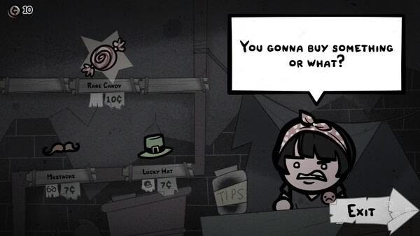 Mewgenics screenshot: A shopkeeper with a speech bubble asks, "You gonna buy something or what?" beside items like Rare Candy and Lucky Hat.