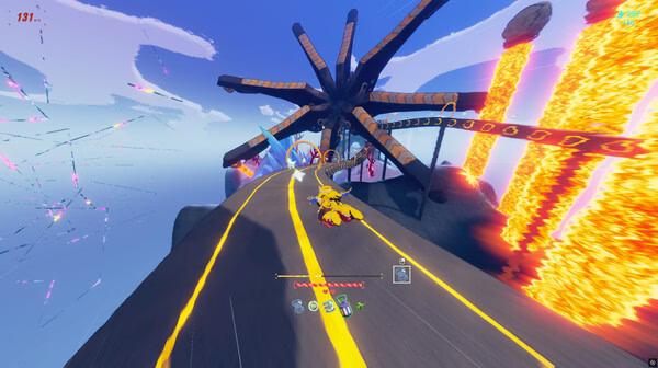 Screenshot from the game Haste showing a character racing on a futuristic track with bright flames and loops in the background.