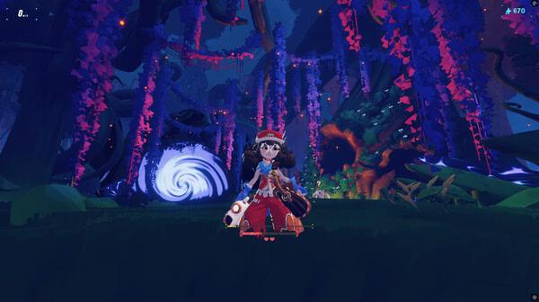 Screenshot from 'Haste' showing a character in a colorful, mystical forest with vibrant flora and a swirling portal.