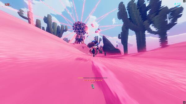 Screenshot from the game Haste showing a character speeding down a vibrant pink landscape toward a glowing spherical structure.