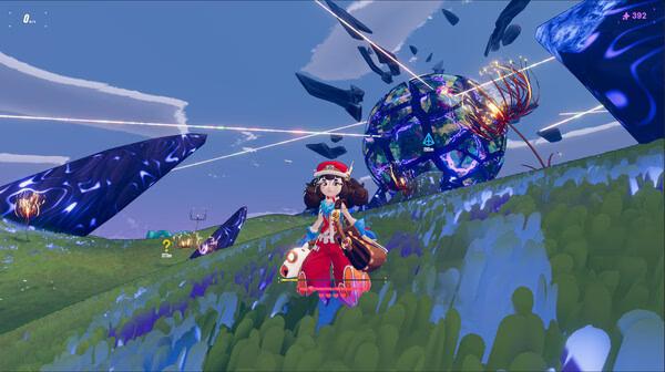 Screenshot from 'Haste': A character in a red hat rides a hoverboard through a vibrant, alien landscape with floating structures.
