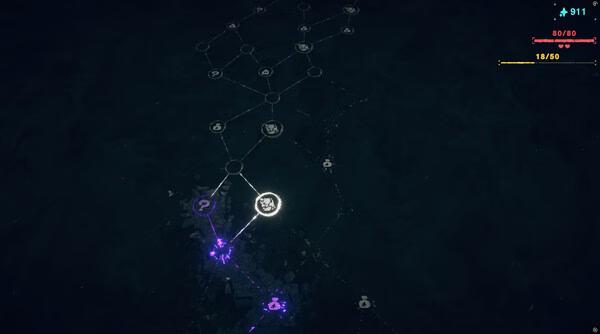 Screenshot from the game 'Haste' showing a dark map with highlighted nodes and paths, indicating progress and levels.