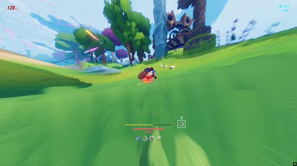 Screenshot from the game Haste showing a character speeding through a lush, green landscape with blurred motion effects.