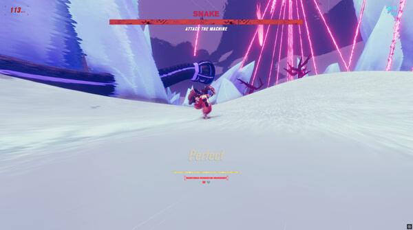 Screenshot from the game Haste shows a character running on a snowy landscape with neon pink lights in the background.
