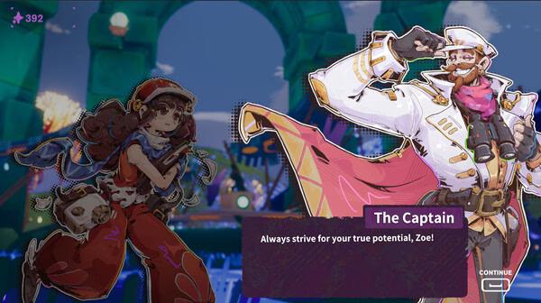 A screenshot from the game Haste featuring The Captain encouraging Zoe to strive for her potential in a vibrant outdoor setting.