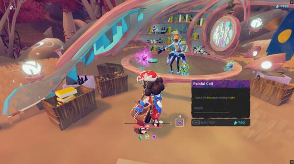 Screenshot from the game Haste showing a character near a shop with items, including a "Painful Coil" upgrade visible.