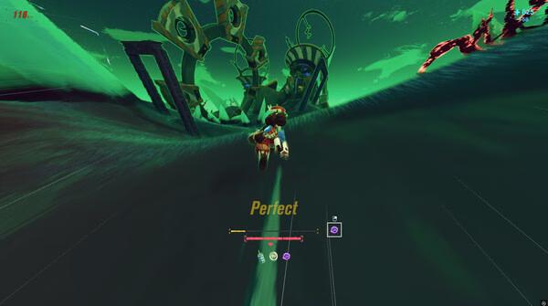A screenshot from the game Haste showing a character speeding through a futuristic green landscape with "Perfect" displayed onscreen.