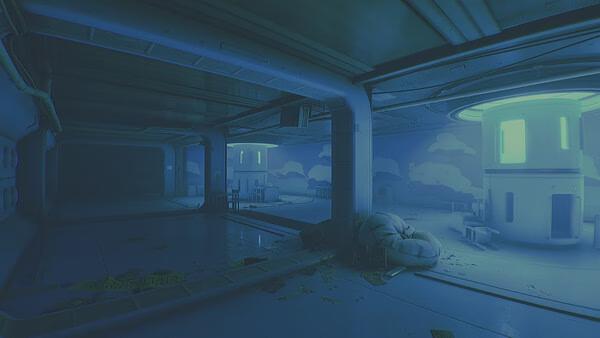 Screenshot from ROUTINE showing a futuristic, dimly lit room with glowing cylindrical structures and scattered debris.