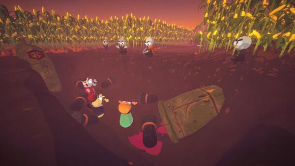 Screenshot from "Gamble With Your Friends" showing characters in a cornfield with barrels and scarecrows at sunset.