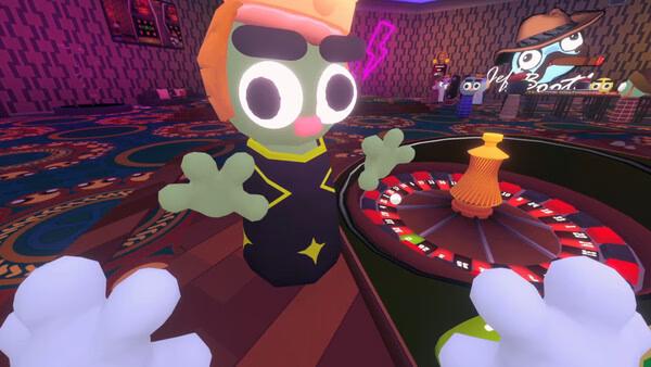 Screenshot from Gamble With Your Friends: A cartoon character stands near a roulette table in a colorful casino setting.