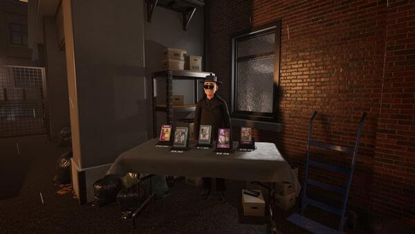 Retro Rewind - Video Store Simulator screenshot: A character stands by a table displaying VHS tapes in a dimly lit alley.