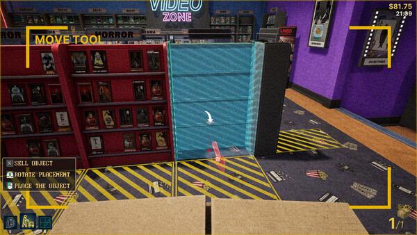 Screenshot of Retro Rewind - Video Store Simulator showing a video store interior with shelves of DVDs and interactive placement tools.